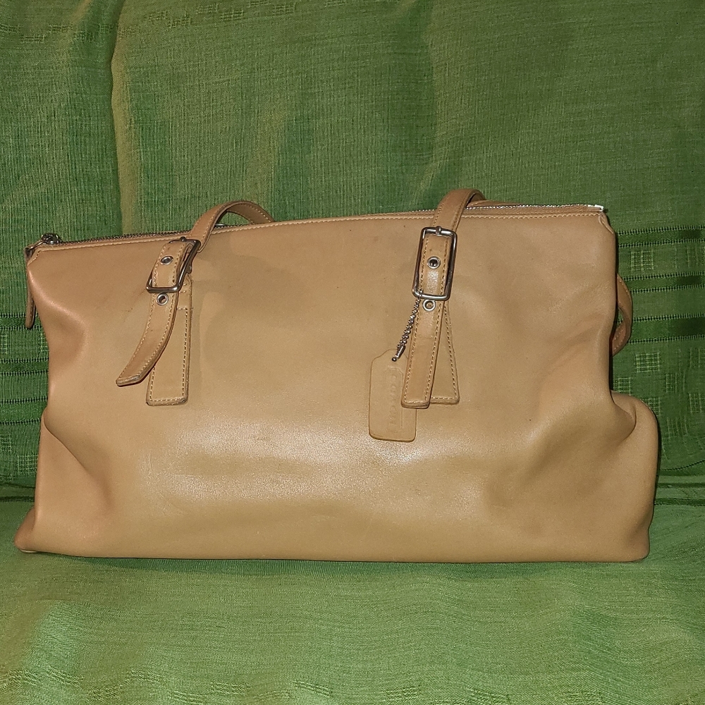 Coach Womens Tan Leather Inner Pockets Double Strap Hand Bag, No. A2D-9849